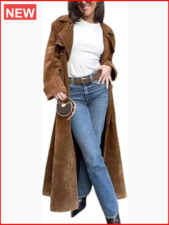 Jackets & Blazers - Faux Suede Open Front Long Trench Coat Notched Lapel Double Breasted Maxi